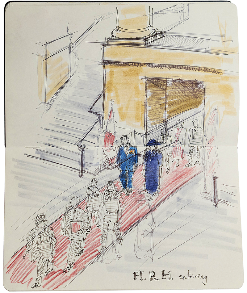 Mr. Thompson sketched the King and Queen making their way to the Senate Chamber. (Nicholas Thompson, Sketchbook, 2025. Pen and ink and coloured pencil on paper, 21 cm x 26.7 cm x 1.27 cm, Senate Artwork and Heritage Collection.)