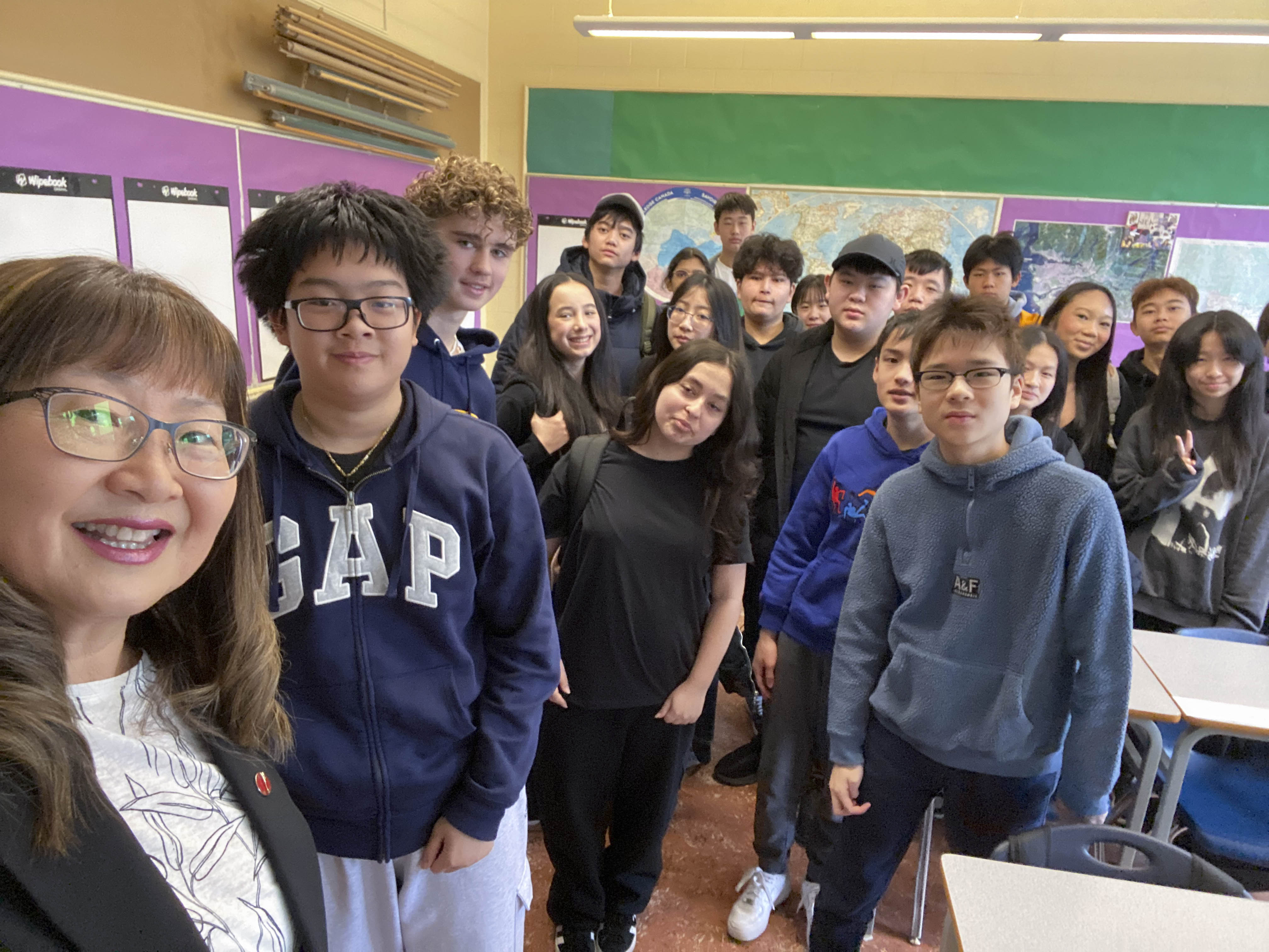 Tuesday, March 4, 2025 – Senator Yonah Martin, left; meeting with students; Winston Churchill High School, Vancouver, British Columbia.