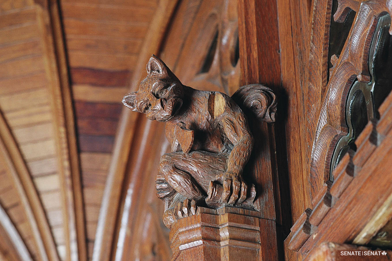 Four grotesques, including this one clutching an axe, guard the doorway to Centre Block’s Senate Chamber.