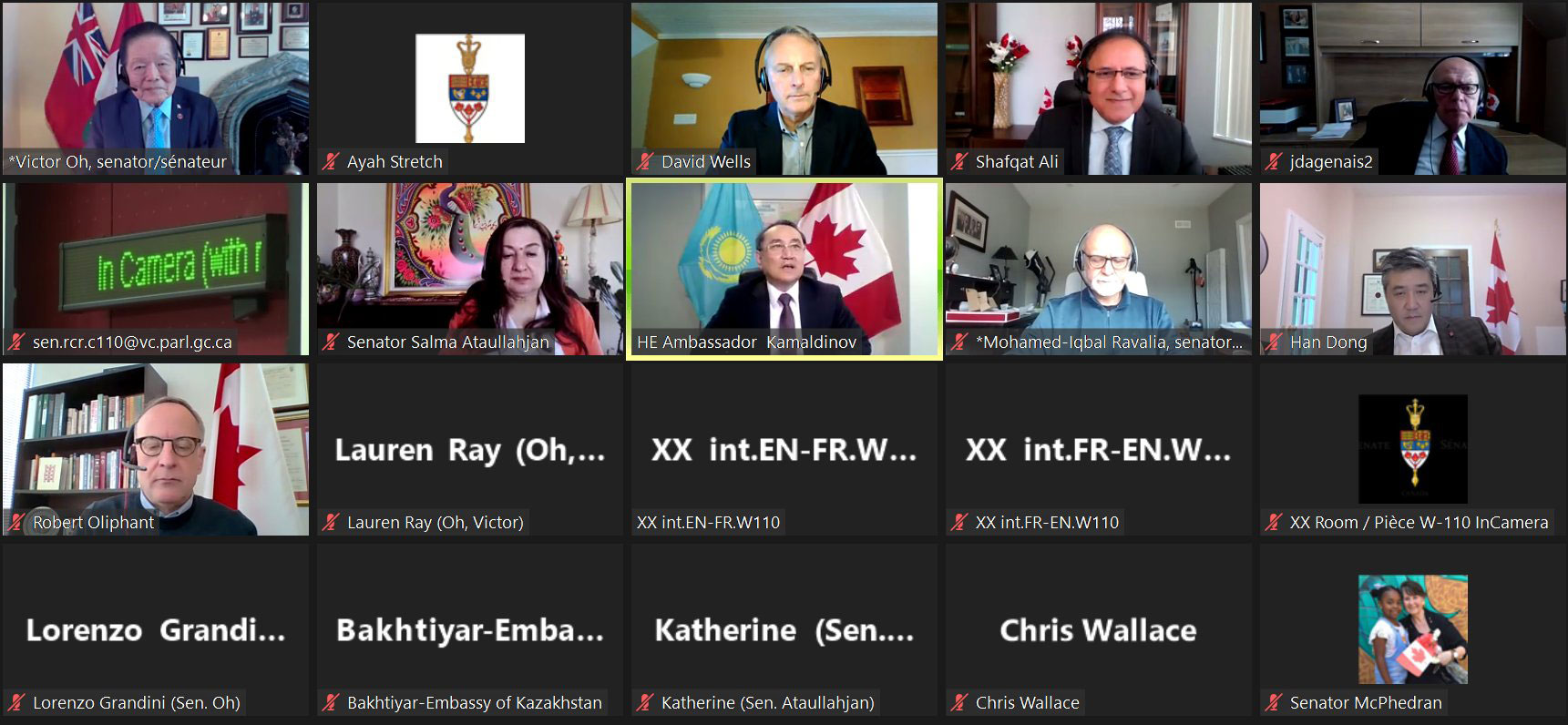 Senator Salma Ataullahjan joins senators David Wells, Jean-Guy Dagenais, Mohamed-Iqbal Ravalia and Marilou McPhedran for a discussion with Akylbek Kamaldinov, Kazakhstan’s ambassador to Canada.