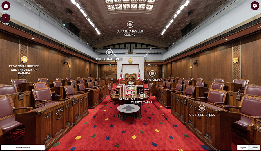 A screenshot from the Senate of Canada Building Virtual Tour, which offers a digital exploration of Ottawa’s old central train station. This immersive, 360-degree experience lets users wander the halls of the Senate’s temporary home and offers customized tours.