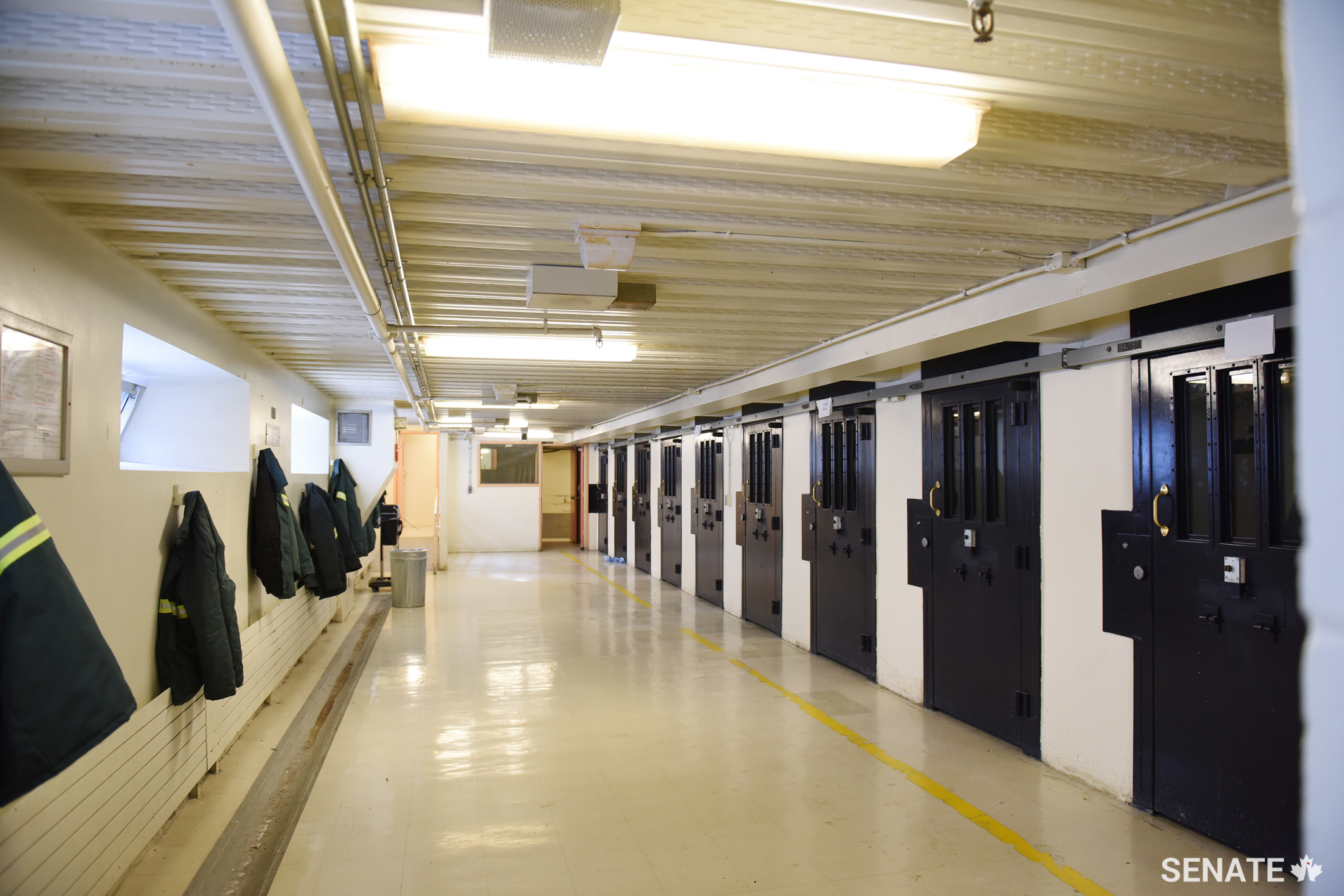 The segregation range at the Dorchester Penitentiary features a gutter running down the wall. It collects and drains human waste overflowing from toilets clogged by prisoners in acts of protest, the committee heard.
