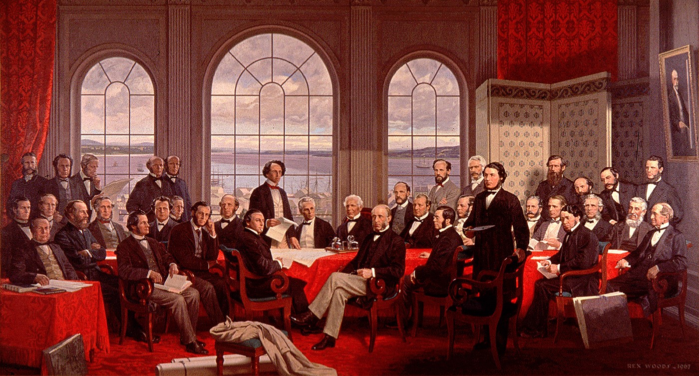 Rex Woods’ 1968 painting The Fathers of Confederation is based on the 1884 Robert Harris original that was lost in the 1916 Parliament Building fire. The view of the St. Lawrence River from the reading room of Quebec’s Parliament Building is accurate, but the room and its semicircular windows are grander than in reality. (Oil on canvas, H: 243.7 cm x W: 423.7 cm, House of Commons Collection. Photo credit: Library and Archives Canada)