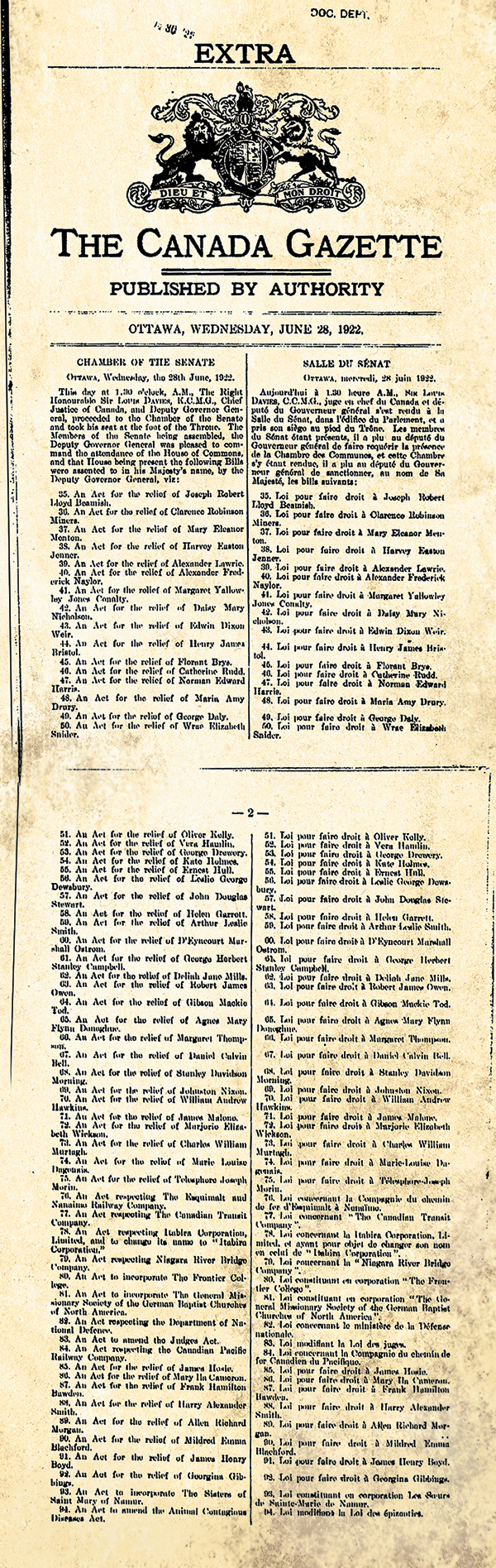 This 1922 edition of the Canada Gazette, the official newspaper of the Canadian government, lists all bills that received Royal Assent in the first session of Canada’s 14th Parliament. The long list of divorce acts — Parliament passed 96 that year — illustrates how much of the Senate’s time was taken up hearing divorce cases.