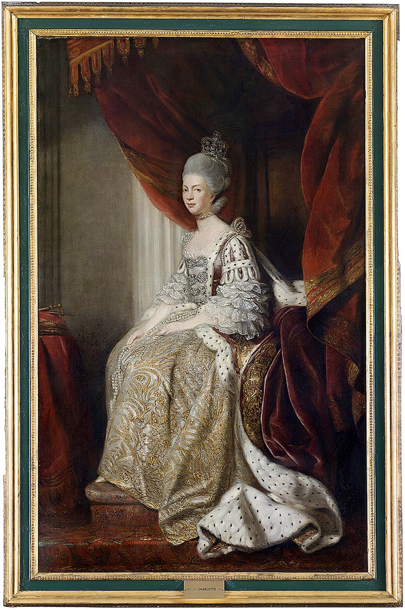 The Senate’s matching portrait of King George III’s consort, Queen Charlotte of Mecklenburg-Strelitz, produced circa 1786, after a 1779 original by Sir Joshua Reynolds. (Oil on canvas, H: 266cm x W: 174 cm, Senate Artwork and Heritage Collection. Photo credit: Legris Conservation)