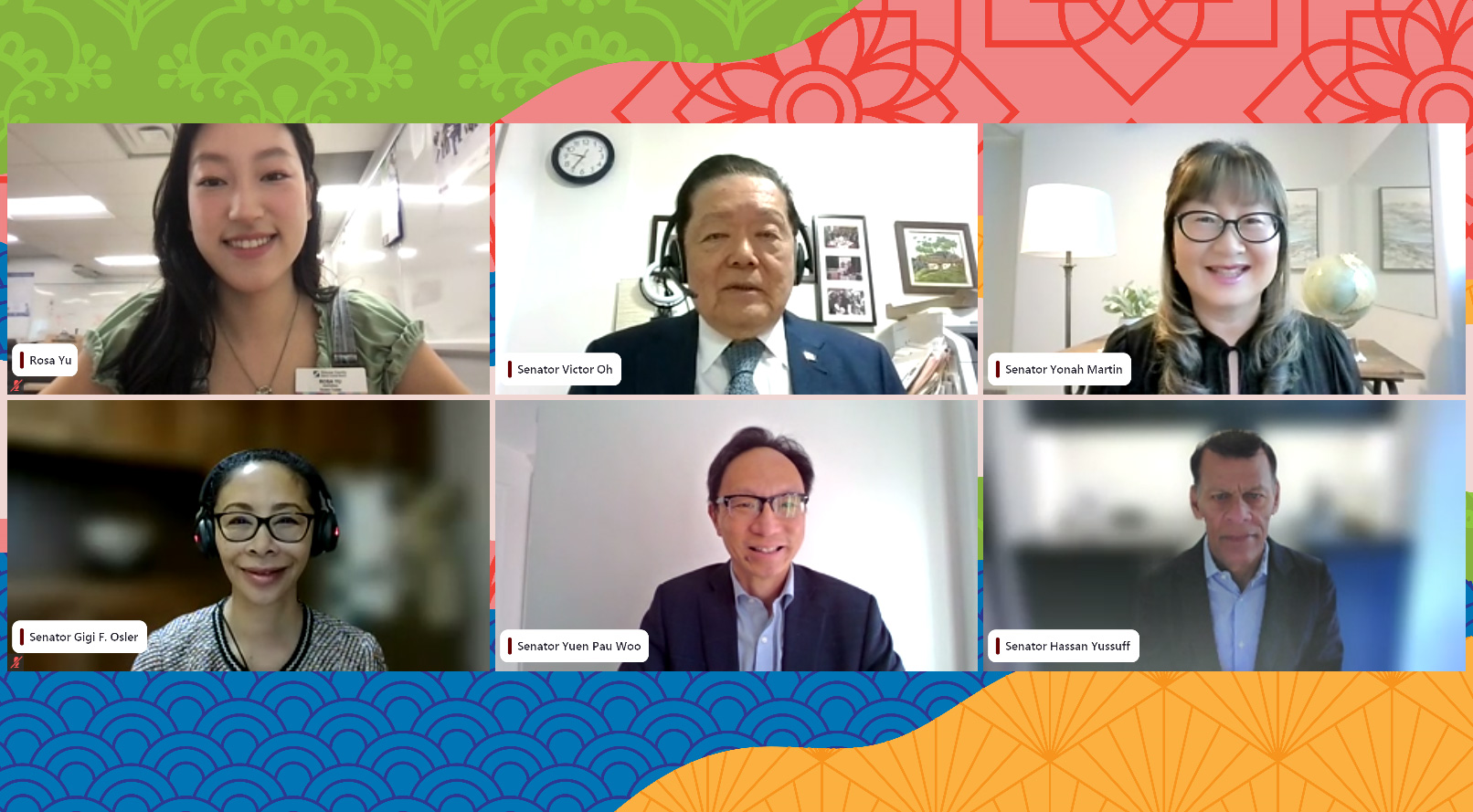 Thursday, May 25, 2023 – Clockwise from top centre, senators Victor Oh, Yonah Martin, Hassan Yussuff, Yuen Pau Woo and F. Gigi Osler celebrate Asian Heritage Month with students from Simcoe County District School Board in Ontario. During the webinar organized by SENgage, they shared their stories as senators of Asian descent, discussed the importance of Asian Heritage Month to them, and addressed this year’s national theme, “Stories of Determination.” The senators also answered questions that students submitted before the webinar.