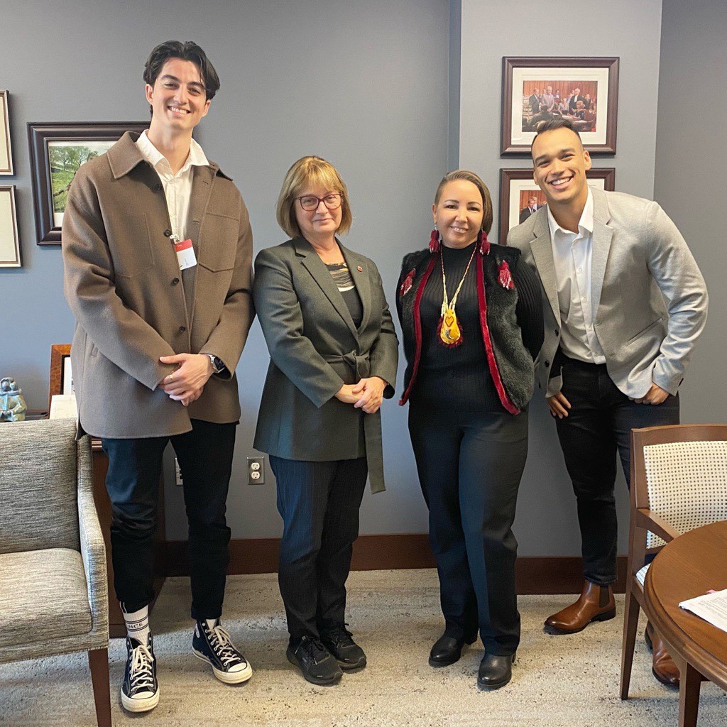 Friday, October 28, 2022 – Senator Julie Miville-Dechêne, centre left, meets with content creators to discuss their concerns with Bill C-11, the Online Streaming Act. From left, musician and producer Elijah Woods, Inuk and Ojibwe artist and advocate Vanessa Brousseau and personal finance expert Nathan Kennedy joined the senator at her office on Parliament Hill.