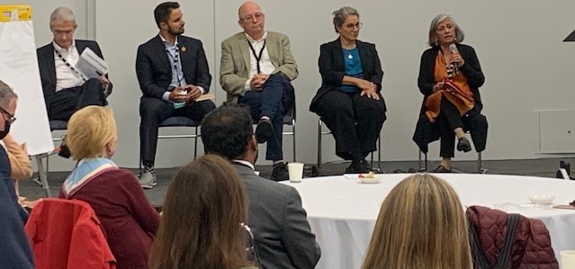 Monday, October 3, 2022 – Senator Ratna Omidvar (far right) moderates a panel on impact investing in Canada at the 2022 Philanthropic Foundations Canada Conference in Montréal, Quebec. She was joined by (from left to right) Terrance Carter, Managing Partner of Carters; Aatif Baskanderi, CEO of The Northpine Foundation; Terry Cooke, President and CEO of the Hamilton Community Foundation; and Debra Schwartz, Managing Director, Impact Investments for the MacArthur Foundation.