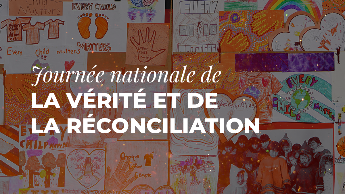 Un collage d’art orange représentant la Journée nationale de la vérité et de la réconciliation.