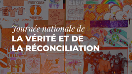 Un collage d’art orange représentant la Journée nationale de la vérité et de la réconciliation.