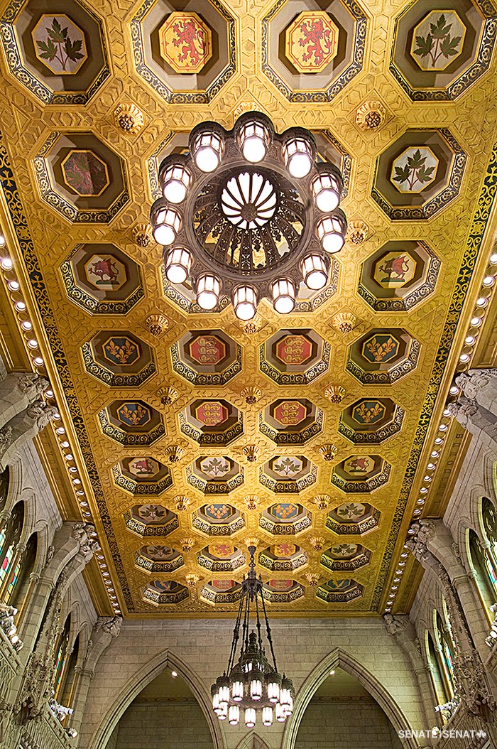 Centre Block’s Senate Chamber has a spectacular coffered ceiling that features several symbols associated with royalty, including lions and red dragons.