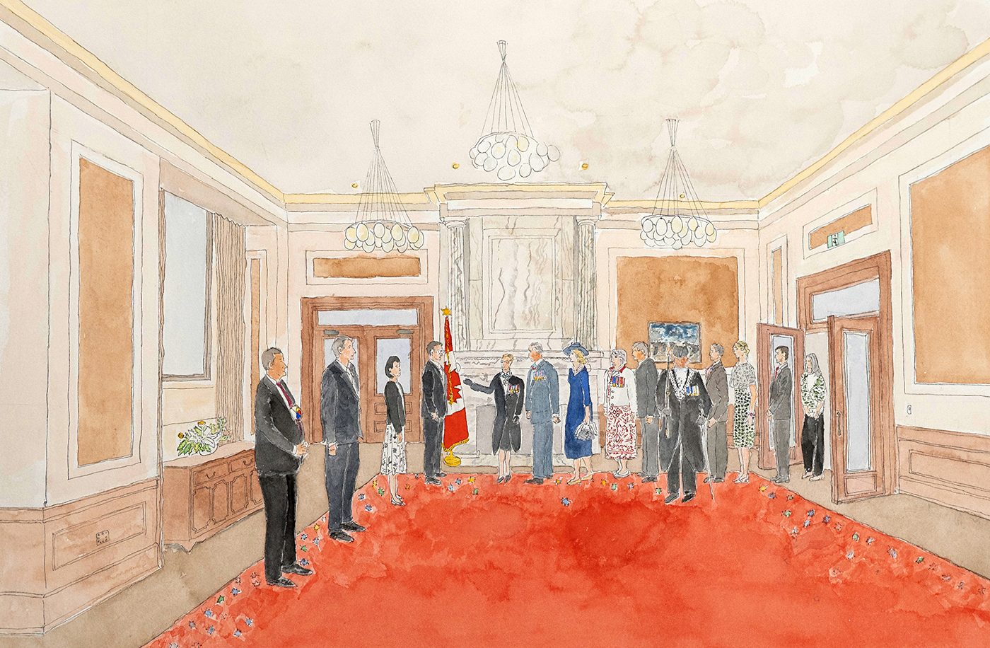 L’artiste Serge Belet a représenté le Roi et la Reine dans les appartements de la Présidente du Sénat, où la Présidente du Sénat, l’honorable Raymonde Gagné, a présenté le couple royal au représentant du gouvernement de l’époque, le sénateur Marc Gold; le chef de l’opposition, le sénateur Leo Housakos; la facilitatrice de l’époque du Groupe des sénateurs indépendants, la sénatrice Raymonde Saint-Germain; le leader de l’époque du Groupe des sénateurs canadiens, le sénateur Scott Tannas; et le chef du Groupe progressiste du Sénat, le sénateur Brian Francis. (Serge Belet, Présentations, 2025. Plume et aquarelle sur papier, 59,5 cm x 76,5 cm, Collection d’œuvres d’art et de biens patrimoniaux du Sénat.)