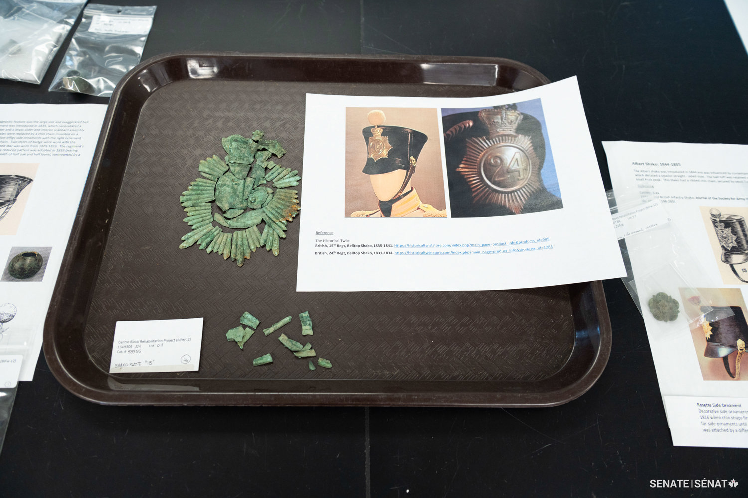 The fragments of a shako badge from the front of a bell-top military hat that was part of the uniform of the 15th British Regiment.