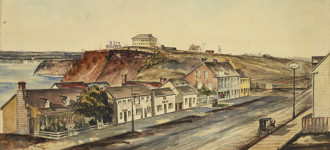 A historical watercolour image of Wellington Street in Ottawa circa 1853, with Barrack Hill and the Ottawa River in the background.