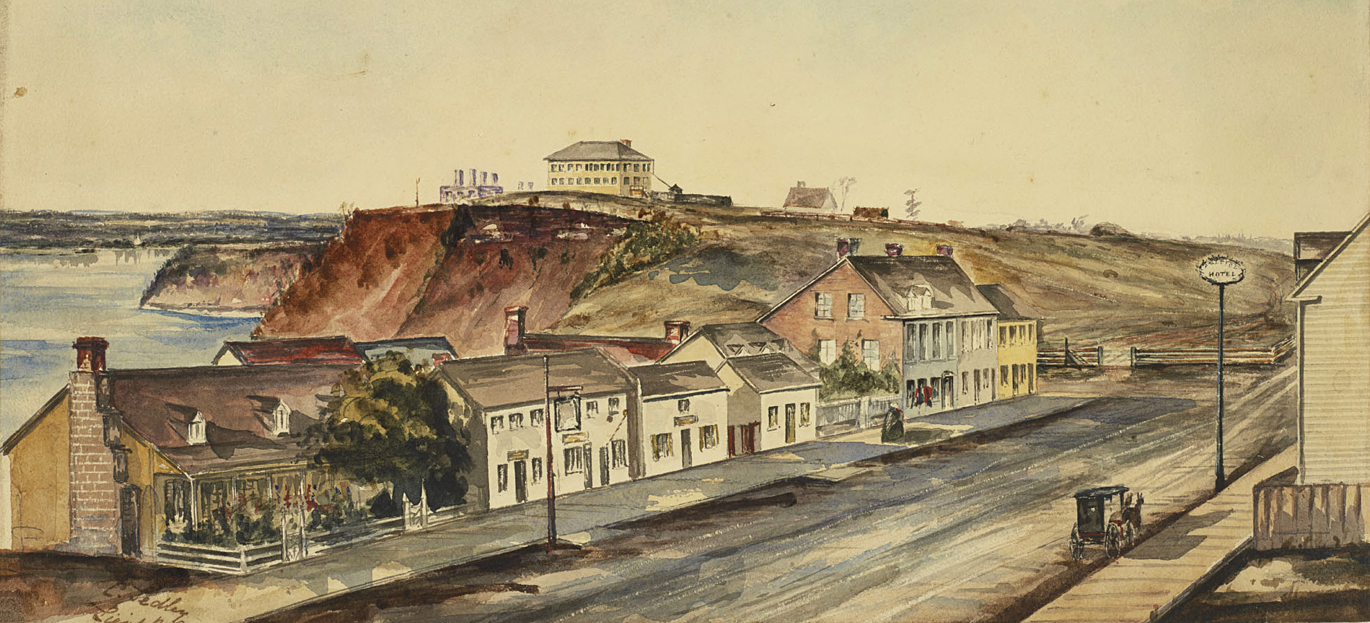 Image historique en aquarelle de la rue Wellington à Ottawa vers 1853, avec Barrack Hill et la rivière des Outaouais en arrière-plan.