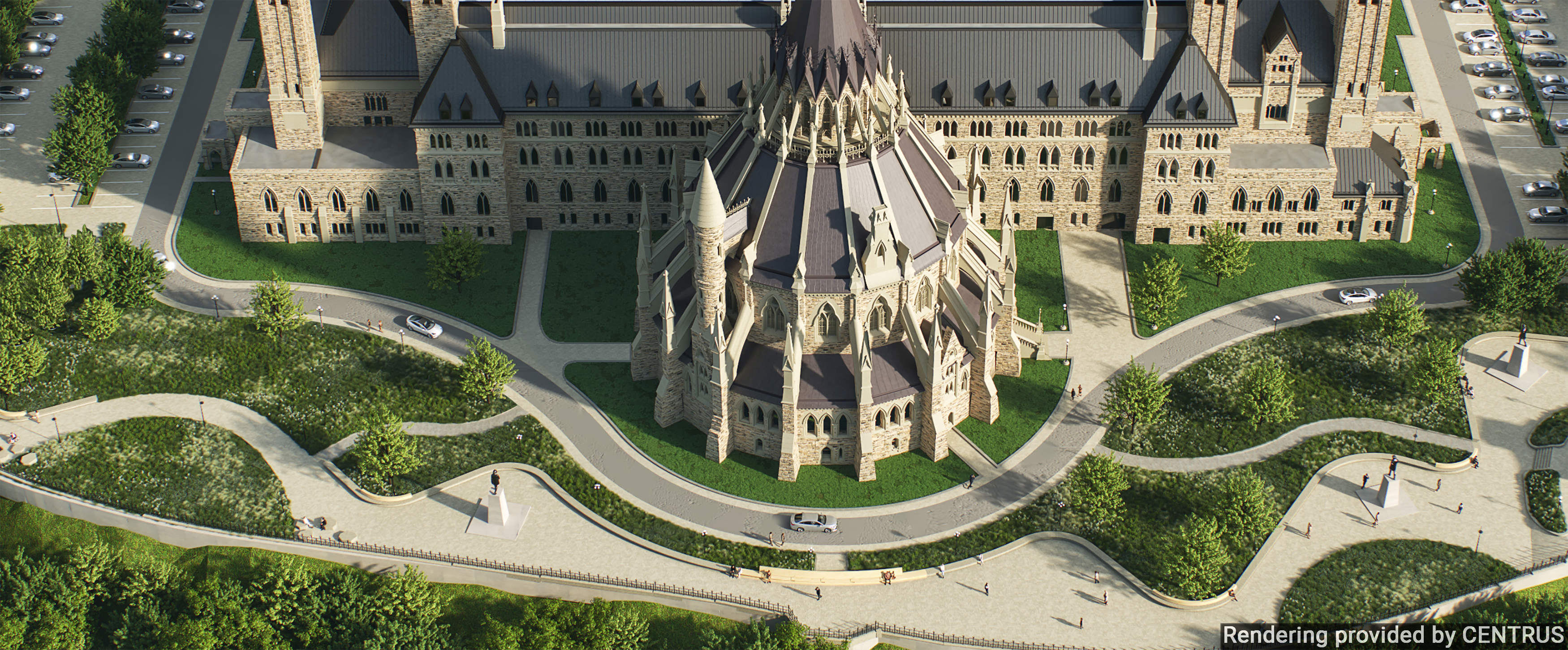 A computer rendering of the updated landscaping behind Centre Block and the Library of Parliament, as seen from a bird’s-eye view.