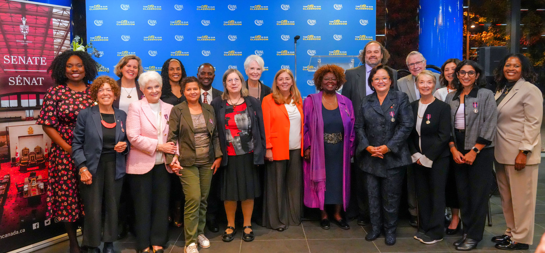 Friday, October 18, 2024 – Senators Rosemary Moodie, front row, fourth from right, and Paulette Senior, front row, right, with award recipients; King Charles III Coronation Medal Ceremony; George Brown Waterfront Campus, Toronto, Ontario.