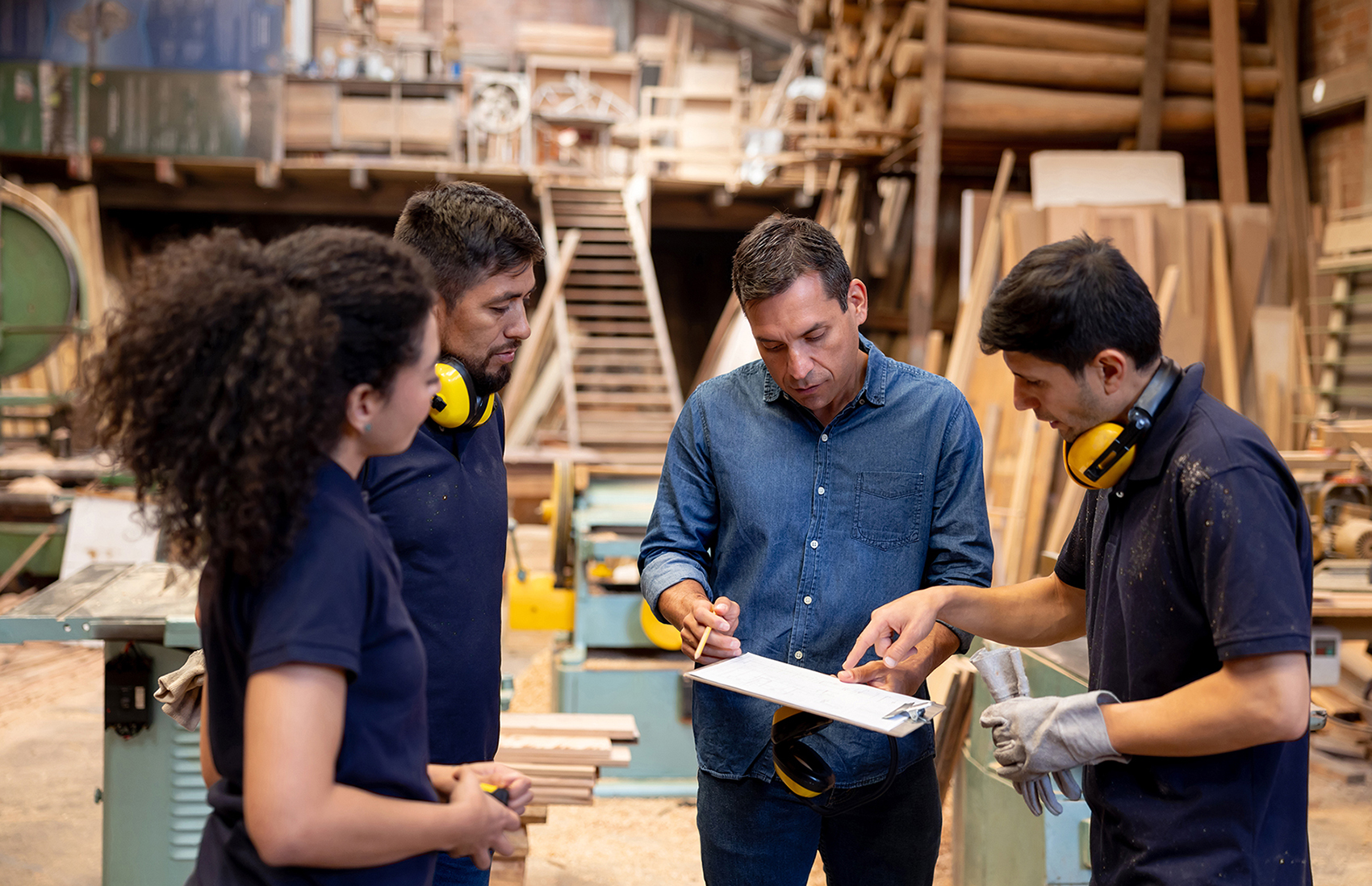 A woman and three men review paperwork on a clipboard in a workshop.