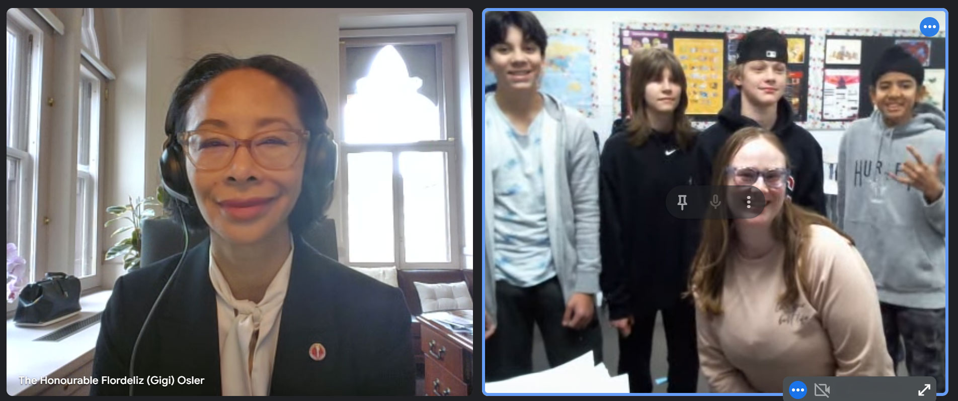 Le mercredi 20 novembre 2024 – La sénatrice Flordeliz (Gigi) Osler; activité virtuelle, organisée par S’ENgage, avec des élèves de l’école J. E. Lapointe, Beaumont, Alberta.