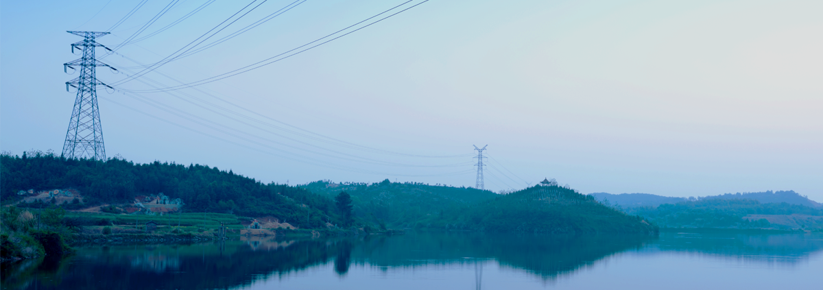 Power cables hanging over a body of water, connecting to two towers on hills in the distance.