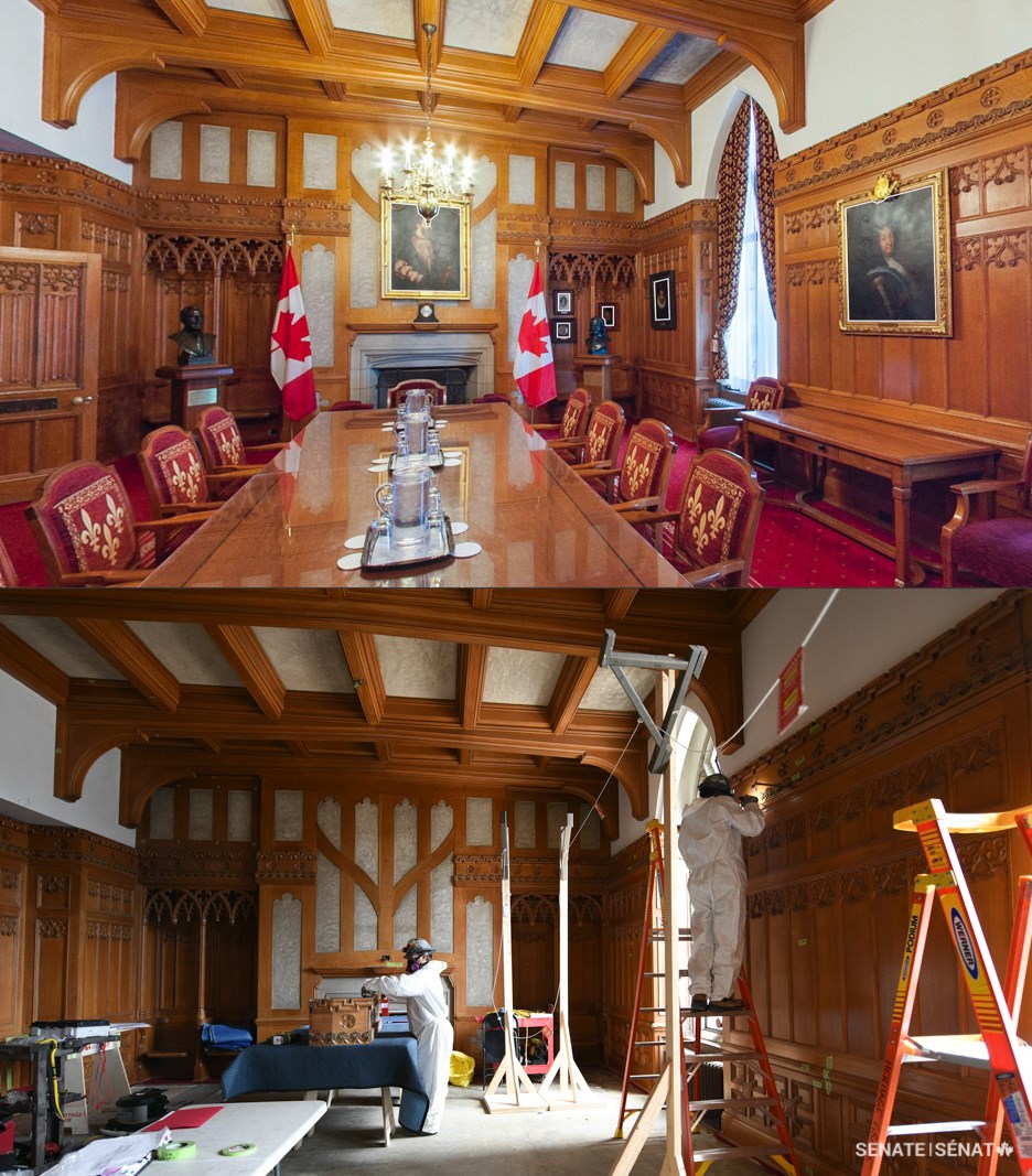 The Salon de la Francophonie is an elegant room dedicated to Canada’s association with the international union of French-speaking countries. Originally a smoking room for senators, the space was redesignated to host Senate receptions and redecorated to reflect the period of French rule in what is now Canada. The salon, too, has been emptied of its furnishings and artwork. The portraits of French monarchs donated by former senator Serge Joyal were moved to the Senate of Canada Building.