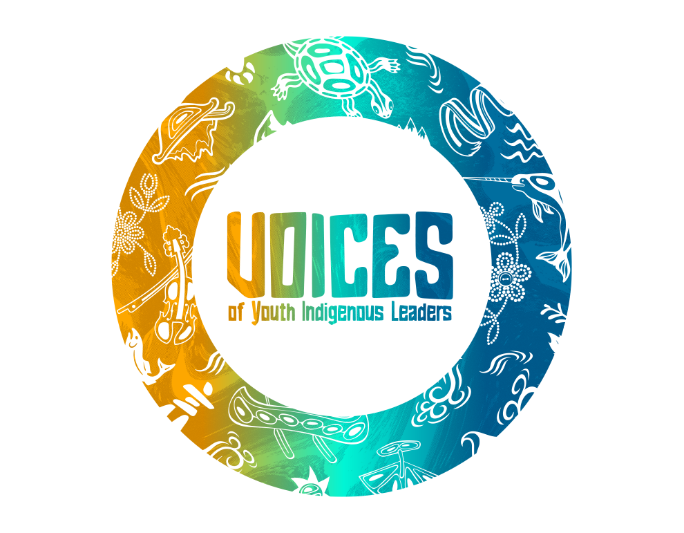 Circular donut-shape revolving around the words ‘Voices of Youth Indigenous Leaders.’ A bright gradient of orange, blue, and teal in the background with a range of Indigenous illustrations and symbols.