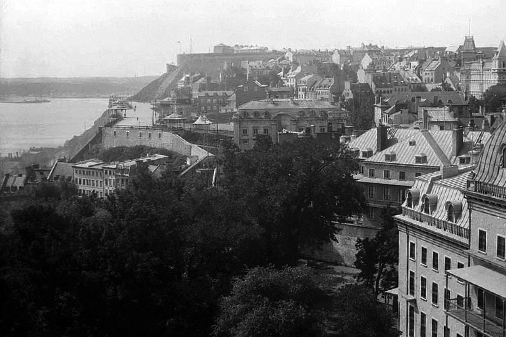 A view of Québec in the late 1800s, looking towards Dufferin Terrace, before construction had begun on the iconic Château Frontenac.