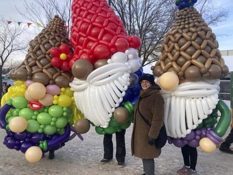 Saturday, January 20, 2024 – Senator Paula Simons and balloon gnomes; Deep Freeze: A Byzantine Winter Festival; Edmonton, Alberta.