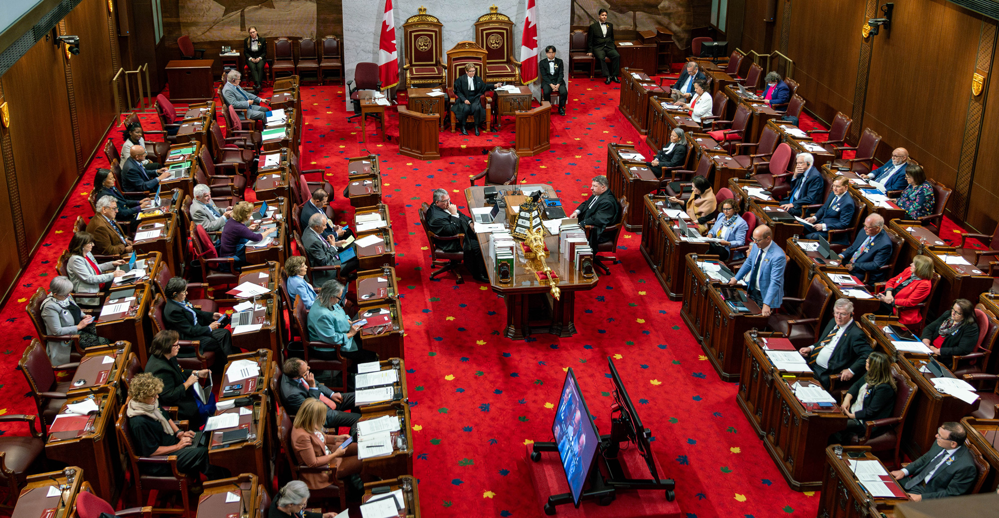 A view of the Senate Chamber from the public galleries. Senators are sitting at desks in the Chamber and one is standing to speak.
