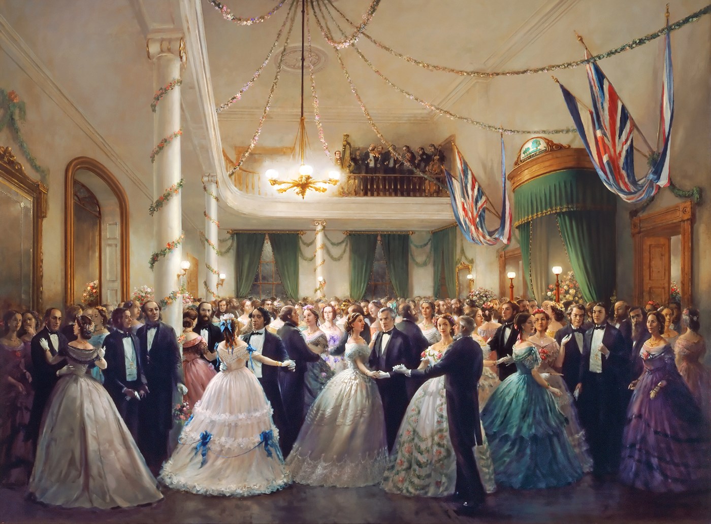 The final social event of the conference was a grand ball at Province House, where dancing took place in the Legislative Assembly Chamber. (Dušan Kadlec. Charlottetown Conference Ball. Oil on canvas. Photo credit: Parks Canada)