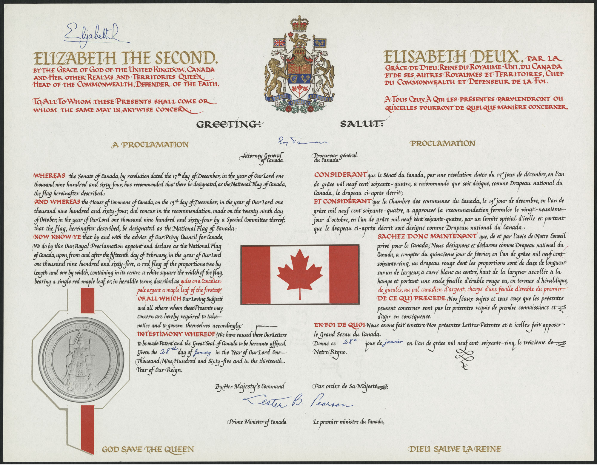 La proclamation du drapeau national du Canada (reproduction). La reine Elizabeth II a signé le document le 28 janvier 1965, après que le Sénat et la Chambre des communes eurent approuvé le design du nouveau drapeau canadien à l’effigie de la feuille d’érable en décembre 1964. (Crédit photo : Bibliothèque et Archives Canada, no d’acc. 1989-253-1)