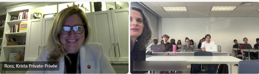 Tuesday, September 16 – Senator Krista Ross, left; virtual event, organized by SENgage, with students from Centennial College, Toronto, Ontario.