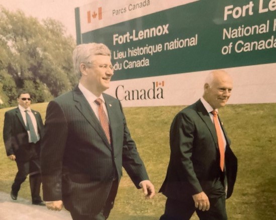 Senator Dagenais visits Fort Lennox, in Quebec, with Mr. Harper on the 200th anniversary of the War of 1812 in 2012. (Photo credit: Office of Senator Jean-Guy Dagenais)