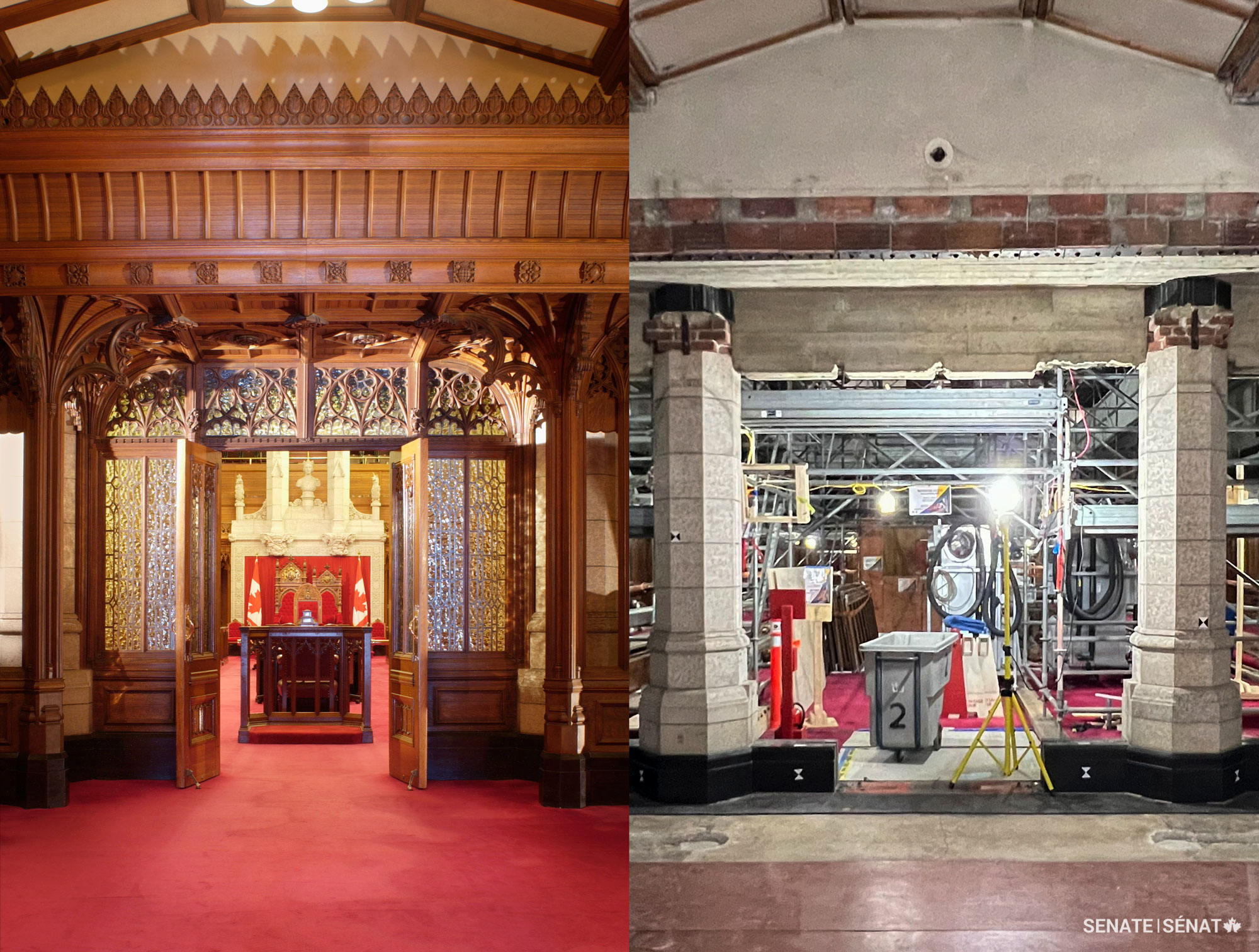 The decorative woodwork, privacy glass windows and signature red carpet have been temporarily removed from the Senate antechamber, the small waiting room that connects the Senate foyer and the Senate Chamber. Much of the Senate’s interior woodwork was carved by craftsman Elzéar Soucy and his team in the 1920s.