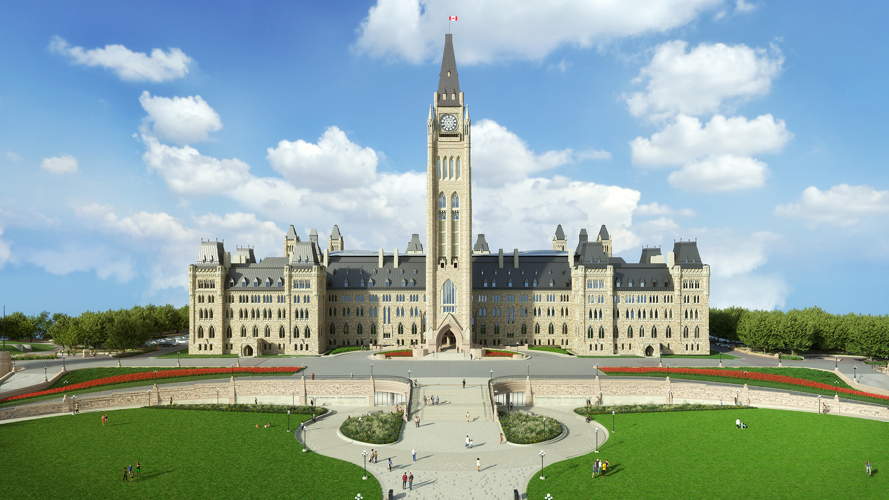 A computer rendering of Centre Block and the updated landscaping in front of it on Parliament Hill. 