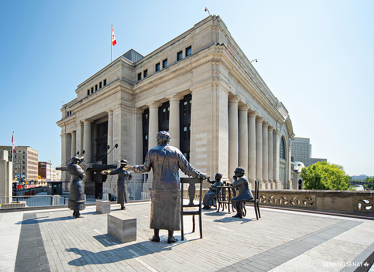 Ottawa’s Women are Persons! monument stands beside the Senate of Canada Building. The Famous Five — Emily Murphy, Henrietta Muir Edwards, Nellie McClung, Louise McKinney and Irene Parlby — are depicted here celebrating their victory in the Persons Case, when they successfully appealed a Supreme Court ruling and opened the Senate to women.