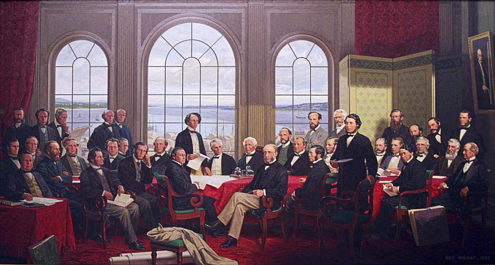 A painting depicting the 36 Fathers of Confederation in a conference room with a view of the St. Lawrence River through the windows.