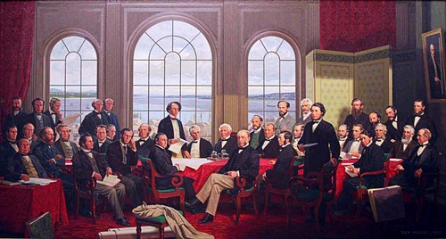 A painting depicting the 36 Fathers of Confederation in a conference room with a view of the St. Lawrence River through the windows.