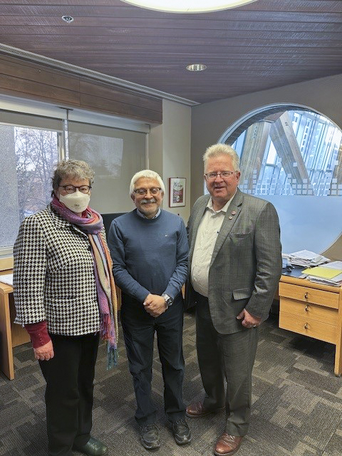 Wednesday, February 19, 2025, senators Paula Simons, left, and Rob Black, right, with Dr. Nat Kav, the vice-dean of the University of Alberta’s Faculty of Agricultural, Life, and Environmental Sciences; Edmonton, Alberta.