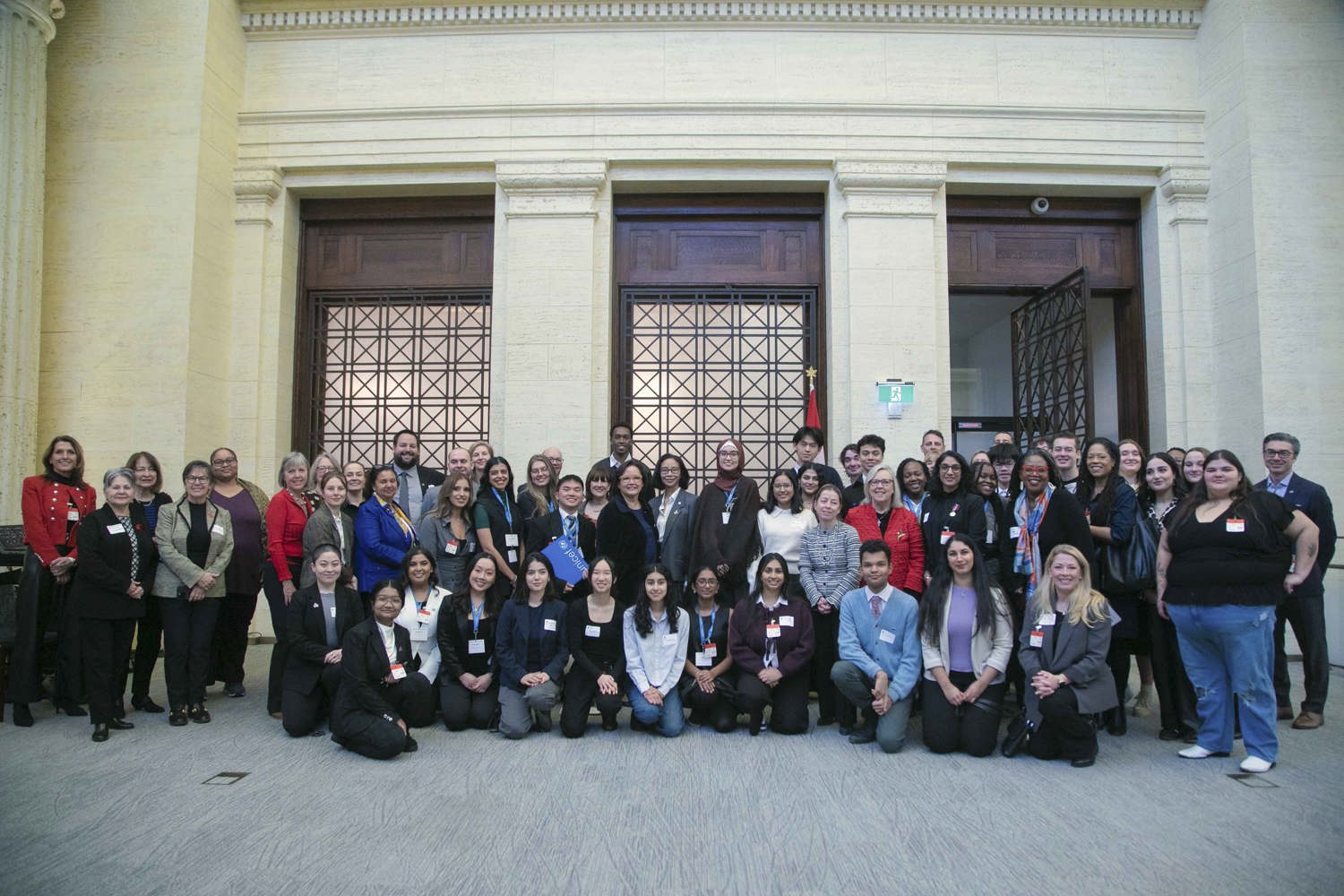 Thursday, November 20, 2025 – Senator Rosemary Moodie, centre, along with senators Bernadette Clement, Donna Dasko, Flordeliz (Gigi) Osler, Kim Pate and Kristopher Wells, youth advocates, and representatives from student-focused organizations; National Child Day Senate Breakfast discussion on education, youth employment, and health; Senate of Canada Building, Ottawa, Ontario.