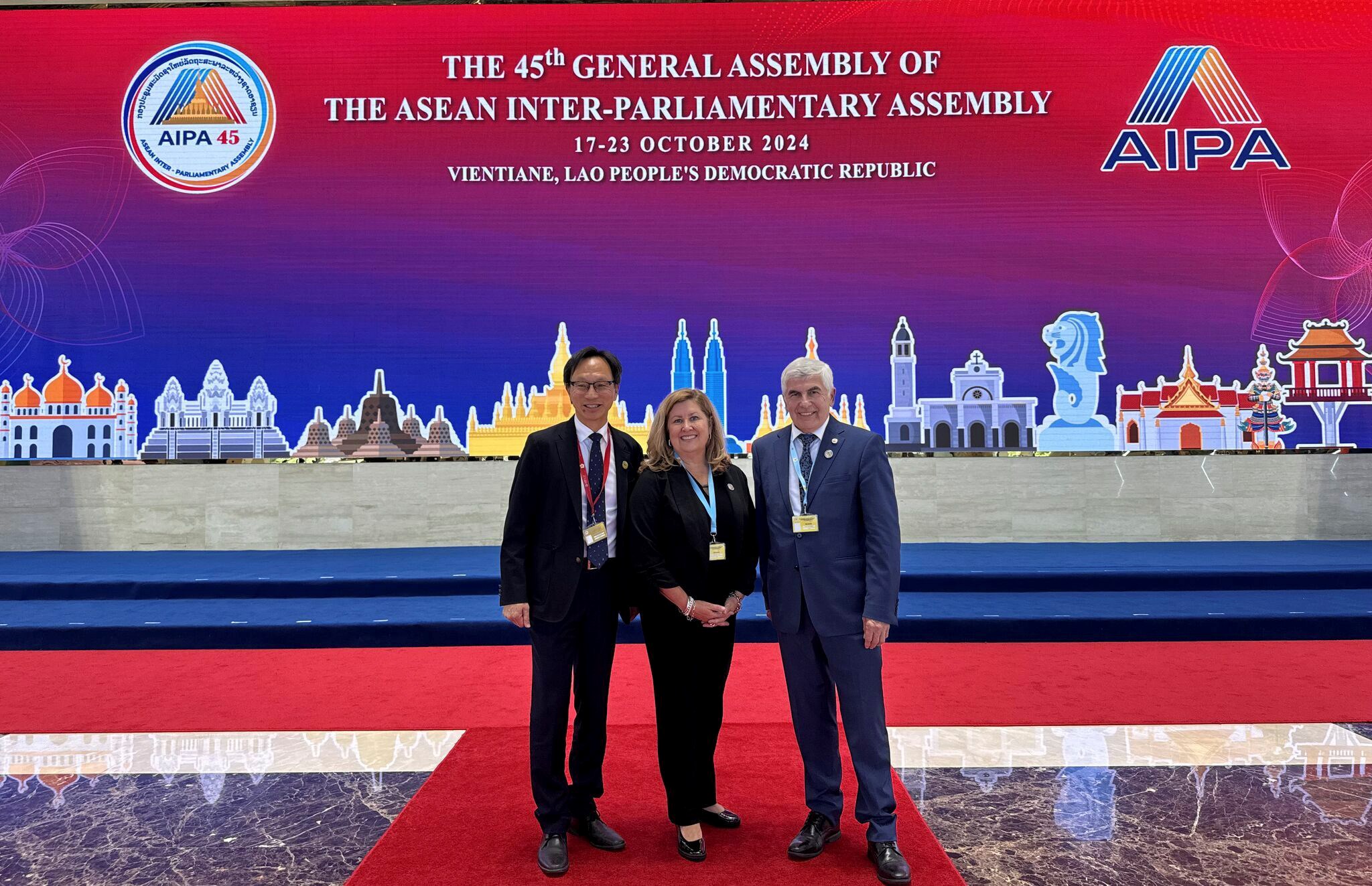 Saturday, October 19, 2024 – From left to right: Senators Yuen Pau Woo, Krista Ross and Clément Gignac; 45th General Assembly of the ASEAN Inter-Parliamentary Assembly; Vientiane, Laos.