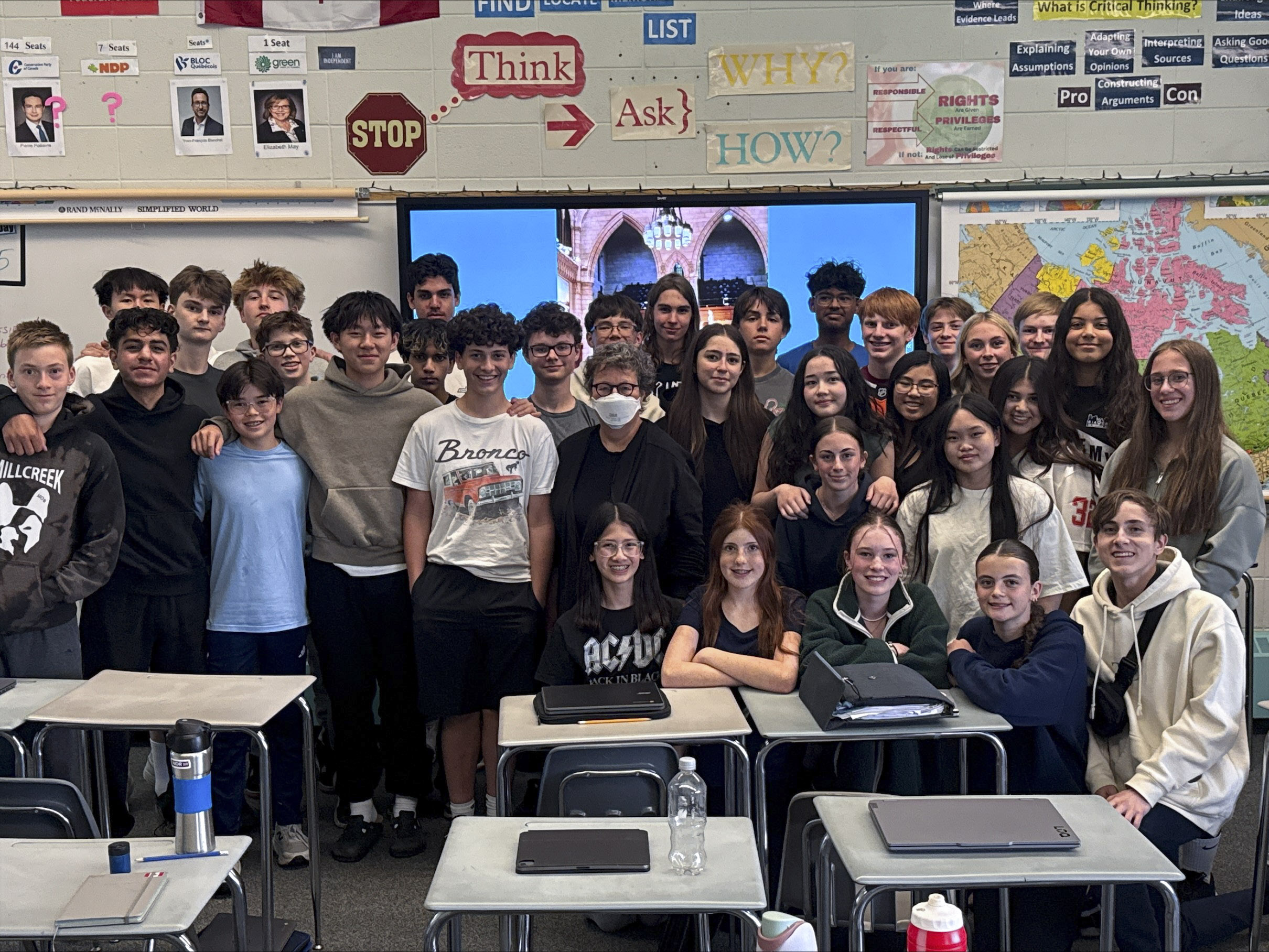 Monday, May 12, 2025 – Senator Paula Simons with students; visit organized by SENgage; S. Bruce Smith School, Edmonton, Alberta.