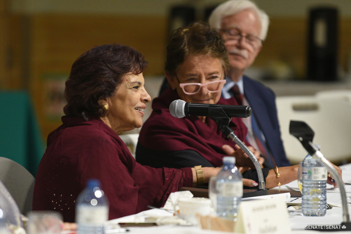 From left, senators Mobina S. B. Jaffer, Bev Busson and David M. Arnot address congregants during the committee’s fact-finding visit to the Masjid Al-Salaam and Education Centre in Burnaby, British Columbia, on Tuesday, September 6, 2022.